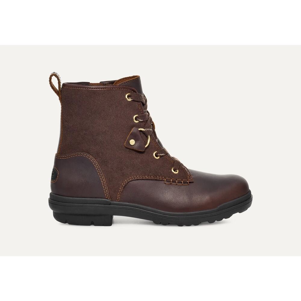 UGG Hapsburg Side Zip Lace Up Leather Hiker Boot in Scotch Brown Size 8